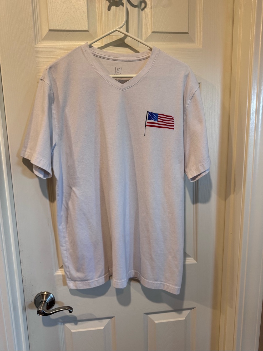 George White V-Neck T-Shirt with Front Small Flag Patch and Back Party Graphic